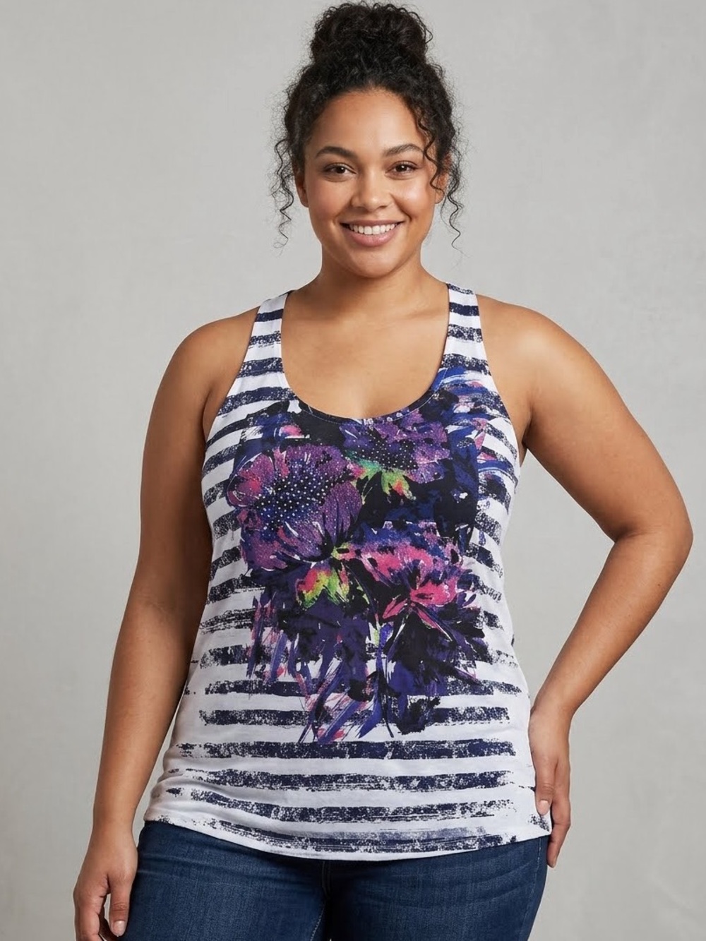Lane Bryant Striped Multicolor Floral Tank Size 18/20